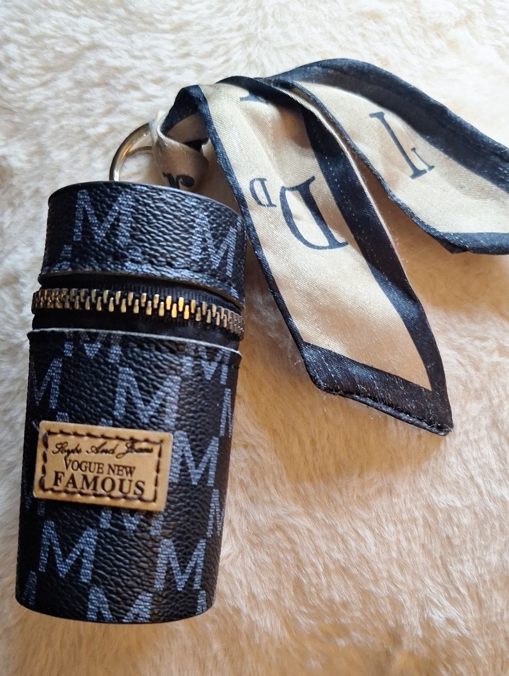 Black Monogram Travel Case with Beige Scarf Accent